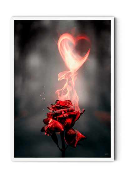 Plakat med brændende rose og hjerte