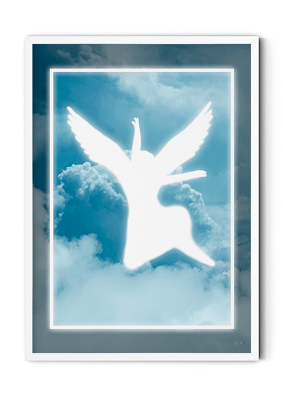 Plakat med lysende engel i himlen