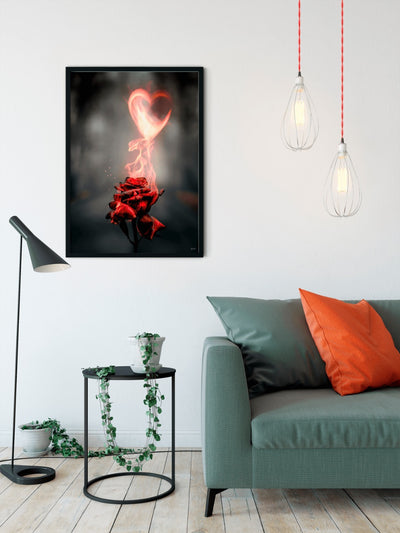 Plakat med brændende rose og hjerte
